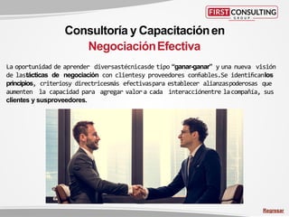 La oportunidad de aprender diversastécnicasde tipo “ganar-ganar” y una nueva visión
de lastácticas de negociación con clientesy proveedores confiables.Se identificanlos
principios, criteriosy directricesmás efectivaspara establecer alianzaspoderosas que
aumenten la capacidad para agregar valora cada interacciónentre lacompañía, sus
clientes y susproveedores.
Consultoría y Capacitaciónen
NegociaciónEfectiva
Regresar
 