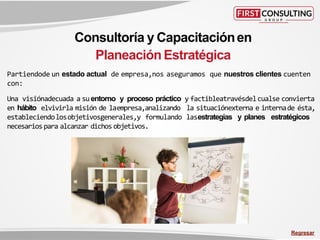 Partiendode un estado actual de empresa,nos aseguramos que nuestros clientes cuenten
con:
Una visiónadecuada a suentorno y proceso práctico y factibleatravésdelcualse convierta
en hábito elvivirla misión de laempresa,analizando la situaciónexterna e internade ésta,
estableciendolosobjetivosgenerales,y formulando lasestrategias y planes estratégicos
necesariospara alcanzar dichos objetivos.
Consultoría y Capacitaciónen
Planeación Estratégica
Regresar
 