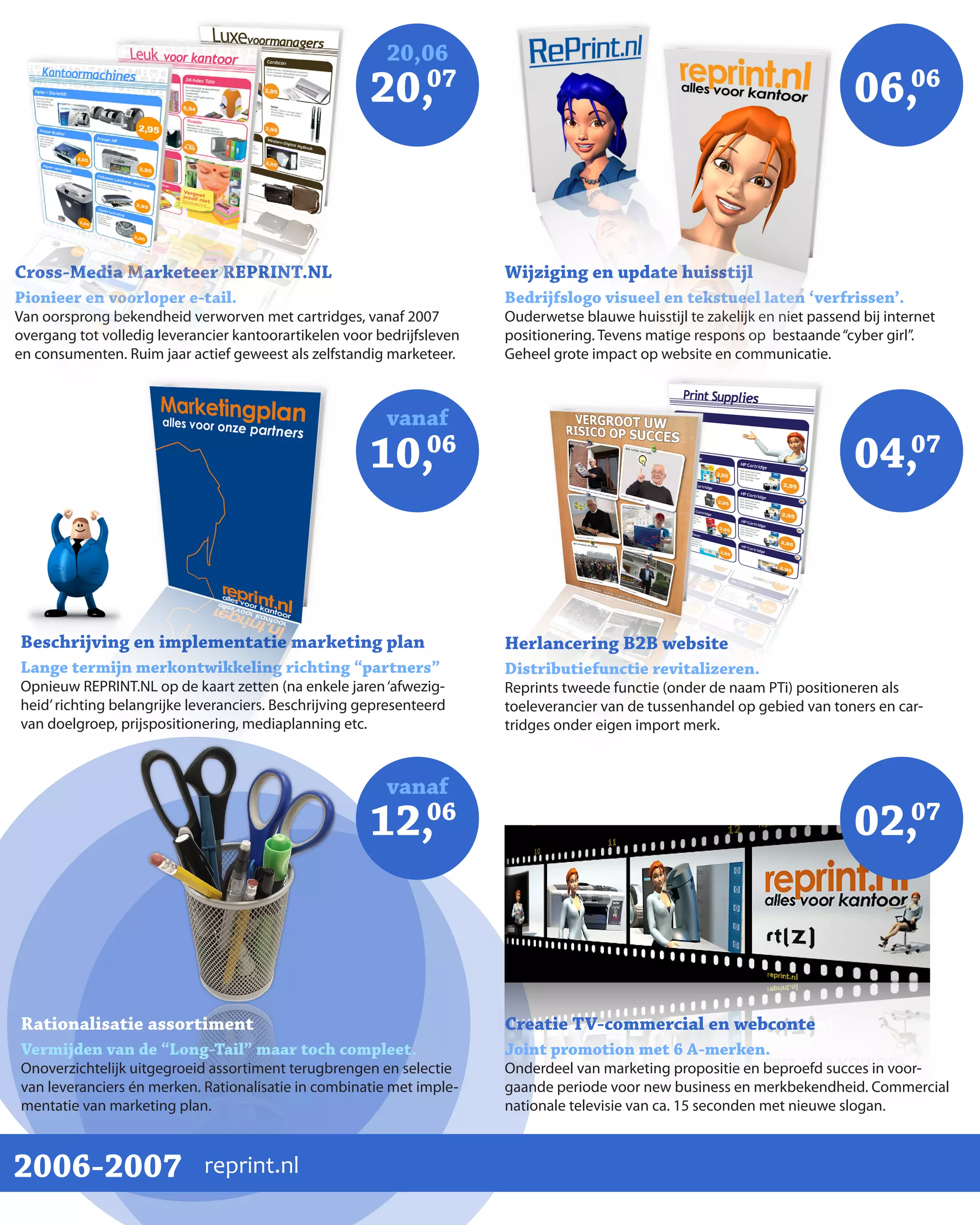 20,06
                                                       20,07                                                                   06,06


Cross-Media Marketeer REPRINT.NL                                        Wijziging en update huisstijl
Pionieer en voorloper e-tail.                                           Bedrijfslogo visueel en tekstueel laten ‘verfrissen’.
Van oorsprong bekendheid verworven met cartridges, vanaf 2007           Ouderwetse blauwe huisstijl te zakelijk en niet passend bij internet
overgang tot volledig leverancier kantoorartikelen voor bedrijfsleven   positionering. Tevens matige respons op bestaande “cyber girl”.
en consumenten. Ruim jaar actief geweest als zelfstandig marketeer.     Geheel grote impact op website en communicatie.



                                                         vanaf
                                                       10,06                                                                   04,07


Beschrijving en implementatie marketing plan                            Herlancering B2B website
Lange termijn merkontwikkeling richting “partners”                      Distributiefunctie revitalizeren.
Opnieuw REPRINT.NL op de kaart zetten (na enkele jaren ‘afwezig-        Reprints tweede functie (onder de naam PTi) positioneren als
heid’ richting belangrijke leveranciers. Beschrijving gepresenteerd     toeleverancier van de tussenhandel op gebied van toners en car-
van doelgroep, prijspositionering, mediaplanning etc.                   tridges onder eigen import merk.



                                                         vanaf
                                                       12,06                                                                   02,07



Rationalisatie assortiment                                              Creatie TV-commercial en webcontent
Vermijden van de “Long-Tail” maar toch compleet.                        Joint promotion met 6 A-merken.
Onoverzichtelijk uitgegroeid assortiment terugbrengen en selectie       Onderdeel van marketing propositie en beproefd succes in voor-
van leveranciers én merken. Rationalisatie in combinatie met imple-     gaande periode voor new business en merkbekendheid. Commercial
mentatie van marketing plan.                                            nationale televisie van ca. 15 seconden met nieuwe slogan.



2006-2007                    reprint.nl
 
