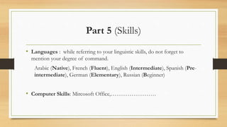 Part 5 (Skills)
• Languages : while referring to your linguistic skills, do not forget to
mention your degree of command.
Arabic (Native), French (Fluent), English (Intermediate), Spanish (Pre-
intermediate), German (Elementary), Russian (Beginner)
• Computer Skills: Mircosoft Office,……………………
 
