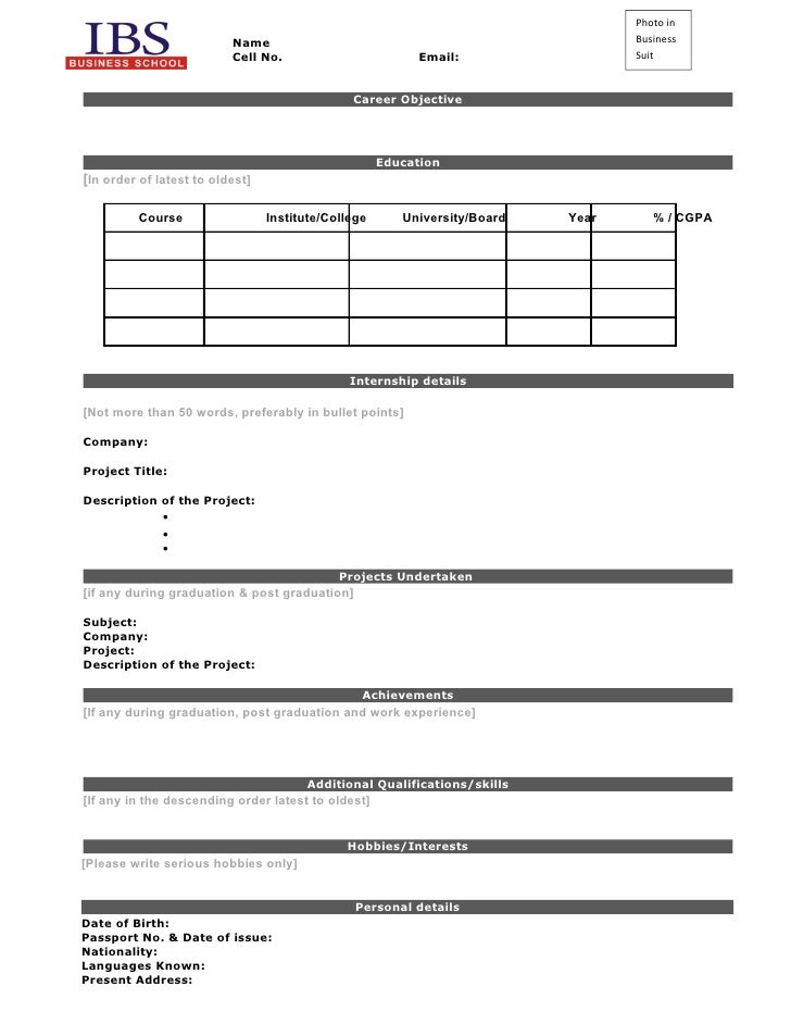 international resume format