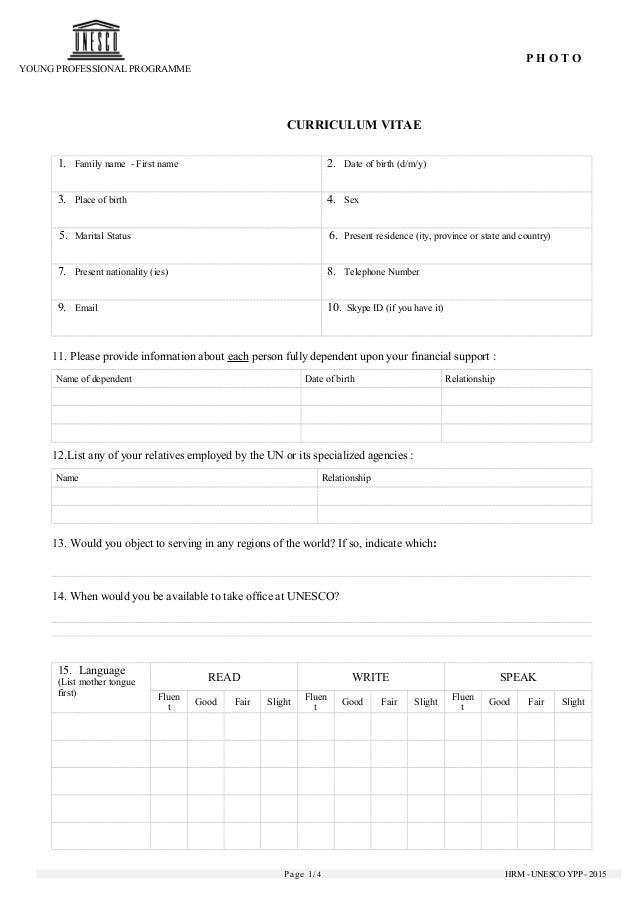 unesco young progessionals 2015 cv form ypp 2015 eng 4 cv form