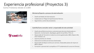 Experiencia profesional (Proyectos 3)
Como Freelance desde el 2.009
Castinfo/Como consultor senior y responsable de esta actividad
 Diseño de portfolio de servicios y soluciones para Servicios Gestionados en.-
Operación, monitorización, despliegues, gestión de portfolio, ITOA, etc.
 Responsable de Transición en todos los servicios gestionados: BBVA, Repsol, AXA,
ICM, Produban, etc.
 Soporte preventa con clientes.
 Elaboración de ofertas de Servicios Gestionados.
 Responsable de Mejora Continua en servicios. Destacables planes de mejora en
BBVA y Repsol.
 Formación a personal de la compañía en ITI® Fundamentos (6 cursos de 18 horas).
Ministerio/Soporte a proceso de externalización.
 Diseño de Modelo de Externalización.
 Colaboración en Pliego de Especificaciones Técnicas.
 Seguimiento y control de proveedores.
 