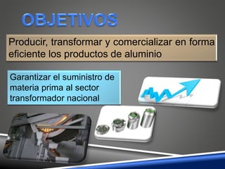 Producir, transformar y comercializar en forma
eficiente los productos de aluminio
Garantizar el suministro de
materia prima al sector
transformador nacional