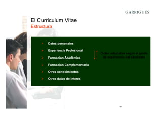 El Curriculum Vitae
Estructura

Datos personales
Experiencia Profesional
Formación Académica

Orden adaptable según el grado
de experiencia del candidato

Formación Complementaria
Otros conocimientos
Otros datos de interés

16

 