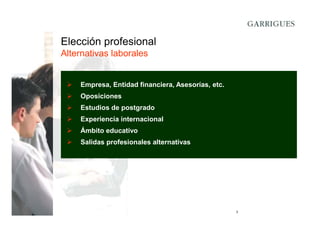Elección profesional
Alternativas laborales

Empresa, Entidad financiera, Asesorías, etc.
Oposiciones
Estudios de postgrado
Experiencia internacional
Ámbito educativo
Salidas profesionales alternativas

3

 