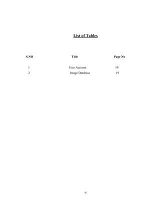vi
List of Tables
S.NO Title Page No
1 User Account 19
2 Image Database 19
 