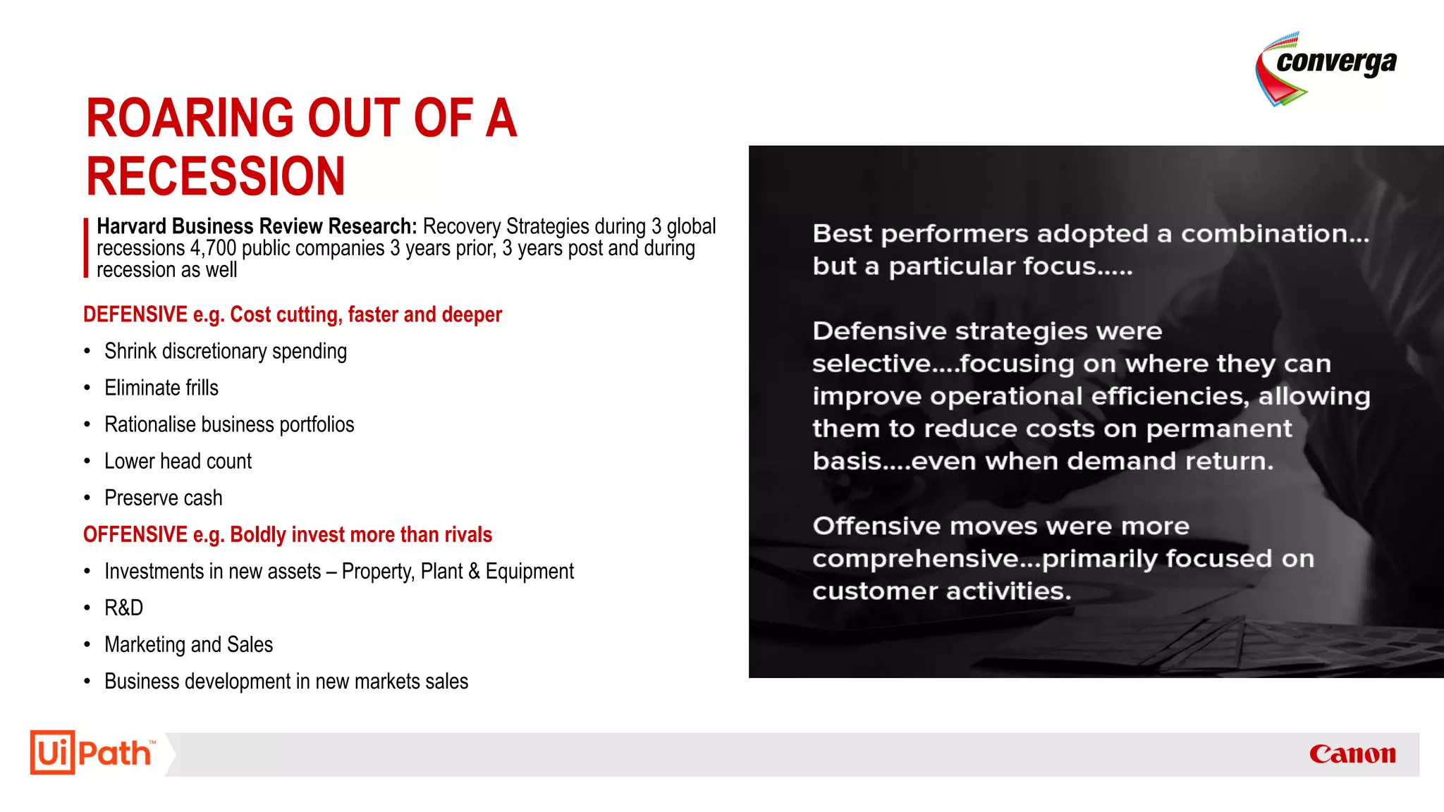 DEFENSIVE e.g. Cost cutting, faster and deeper
• Shrink discretionary spending
• Eliminate frills
• Rationalise business portfolios
• Lower head count
• Preserve cash
OFFENSIVE e.g. Boldly invest more than rivals
• Investments in new assets – Property, Plant & Equipment
• R&D
• Marketing and Sales
• Business development in new markets sales
ROARING OUT OF A
RECESSION
Harvard Business Review Research: Recovery Strategies during 3 global
recessions 4,700 public companies 3 years prior, 3 years post and during
recession as well
 
