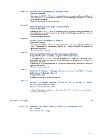 © União Europeia, 2002-2013 | http://europass.cedefop.europa.eu Página 2 / 5
(2008/2009)
(2007/2008)
(2006/2007)
(2005/2006)
(2004/2005)
(2003/2004)
Professor de Biologia e Geologia e Área de Projeto
Colégio INED Nevogilde
- Lecionação dos 10º, 11º e 12º anos de escolaridade, com a acumulação das funções de Diretor de
Turma, Coordenador de Departamento, membro do Conselho Pedagógico e da Direção e elemento
do Secretariado de Exames;
- Supervisor da correção de exames nacionais.
Professor de Biologia e Geologia e Área de Projeto
Colégio INED Nevogilde
- Lecionação dos 10º, 11º e 12º anos de escolaridade, com a acumulação das funções de Diretor de
Turma, Coordenador de Departamento, membro do Conselho Pedagógico e da Direção e elemento
do Secretariado de Exames;
- Corretor de exames nacionais.
Professor de Biologia e Geologia e Biologia
Colégio INED Nevogilde
- Lecionação dos 10º, 11º e 12º anos de escolaridade, com a acumulação das funções de Diretor de
Turma, Coordenador de Departamento, membro do Conselho Pedagógico e elemento do
Secretariado de Exames;
- Corretor de exames nacionais.
Professor de Ciências Naturais, Biologia e Geologia e Biologia
Colégio INED Nevogilde e Escola Básica Integrada de S. Martinho do Campo
- Lecionação dos 10º, 11º e 12º anos de escolaridade no Colégio INED Nevogilde, com a
acumulação das funções de Diretor de Turma, Coordenador de Departamento e elemento do
Secretariado de Exames;
- Lecionação do 8º ano de escolaridade na Escola Básica Integrada de S. Martinho do Campo, em
regime de acumulação;
- Corretor de exames nacionais.
Professor de Biologia e Geologia, Ciências da Terra e da Vida e Técnicas
Laboratoriais de Biologia – Bloco II
Colégio INED Nevogilde
- Lecionação dos 10 e 11º anos de escolaridade.
Professor de Ciências Naturais, Ciências da Terra e da Vida e Técnicas
Laboratoriais de Biologia – Bloco I
Escola Secundária/3 de Vieira do Minho
- Estágio Pedagógico Integrado, com lecionação dos 7º, 8º e 10º anos de escolaridade –
classificação de 19 valores.
EDUCAÇÃO E FORMAÇÃO
(1999 – 2004) Licenciatura em Ensino de Biologia e Geologia – classificação final
de 17 valores
Universidade do Minho – Braga.
 