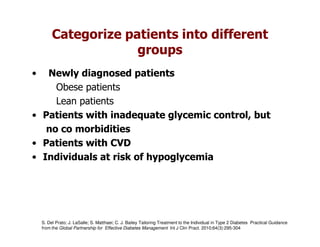 Categorize patients into different
                      groups
•  Newly diagnosed patients
     Obese patients
     Lean patients
• Patients with inadequate glycemic control, but
   no co morbidities
• Patients with CVD
• Individuals at risk of hypoglycemia




    S. Del Prato; J. LaSalle; S. Matthaei; C. J. Bailey Tailoring Treatment to the Individual in Type 2 Diabetes Practical Guidance
    from the Global Partnership for Effective Diabetes Management Int J Clin Pract. 2010;64(3):295-304
 