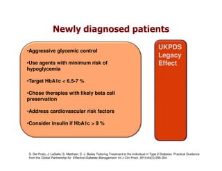 Newly diagnosed patients

•Aggressive glycemic control
                                                                                                UKPDS
                                                                                                Legacy
•Use agents with minimum risk of                                                                Effect
hypoglycemia

•Target HbA1c < 6.5-7 %

•Chose therapies with likely beta cell
preservation

•Address cardiovascular risk factors

•Consider insulin if HbA1c > 9 %




S. Del Prato; J. LaSalle; S. Matthaei; C. J. Bailey Tailoring Treatment to the Individual in Type 2 Diabetes Practical Guidance
from the Global Partnership for Effective Diabetes Management Int J Clin Pract. 2010;64(3):295-304
 