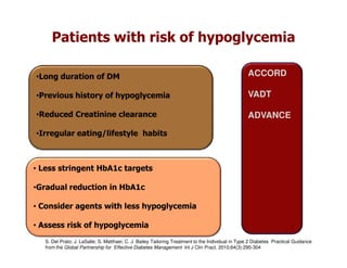 Patients with risk of hypoglycemia

•Long duration of DM                                                                               ACCORD

•Previous history of hypoglycemia                                                                  VADT

•Reduced Creatinine clearance                                                                      ADVANCE

•Irregular eating/lifestyle habits



• Less stringent HbA1c targets

•Gradual reduction in HbA1c

• Consider agents with less hypoglycemia

• Assess risk of hypoglycemia
   S. Del Prato; J. LaSalle; S. Matthaei; C. J. Bailey Tailoring Treatment to the Individual in Type 2 Diabetes Practical Guidance
   from the Global Partnership for Effective Diabetes Management Int J Clin Pract. 2010;64(3):295-304
 