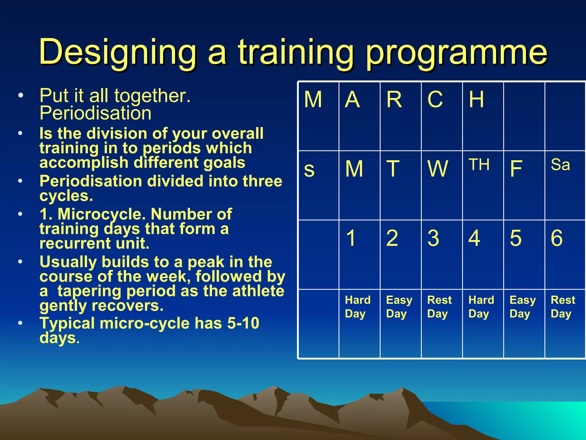 Designing a training programme Put it all together. Periodisation Is the division of your overall training in to periods which accomplish different goals Periodisation divided into three cycles. 1. Microcycle. Number of training days that form a recurrent unit. Usually builds to a peak in the course of the week, followed by a  tapering period as the athlete gently recovers. Typical micro-cycle has 5-10 days . Rest Day Easy Day Hard Day Rest Day Easy Day Hard Day 6 5 4 3 2 1 Sa F TH W T M s H C R A M 