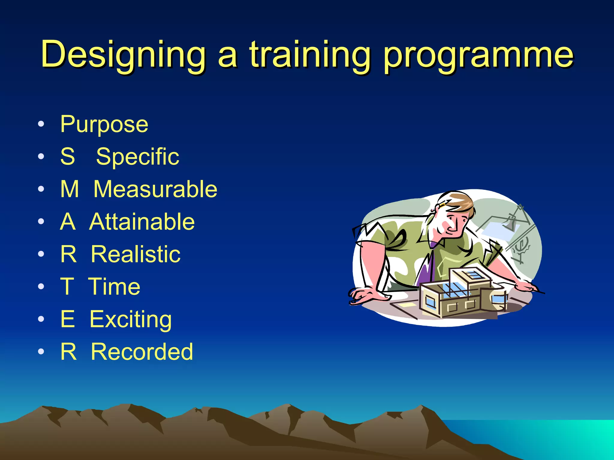 Designing a training programme Purpose S  Specific M  Measurable A  Attainable R  Realistic T  Time E  Exciting R  Recorded 