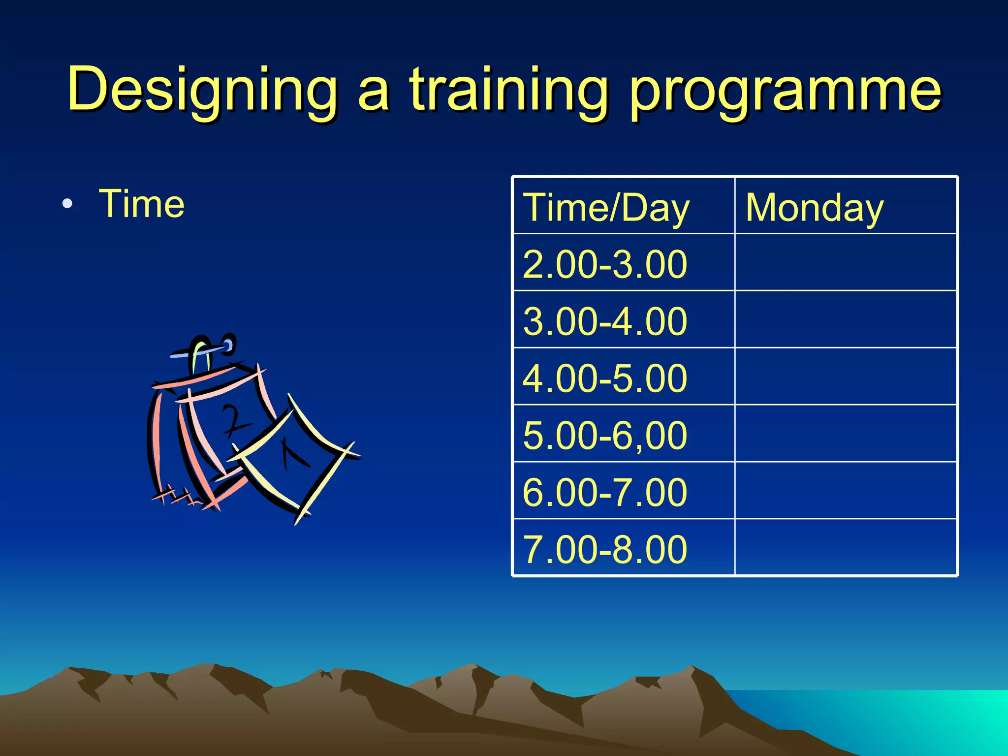 Designing a training programme Time 7.00-8.00 6.00-7.00 5.00-6,00 4.00-5.00 3.00-4.00 2.00-3.00 Monday Time/Day 