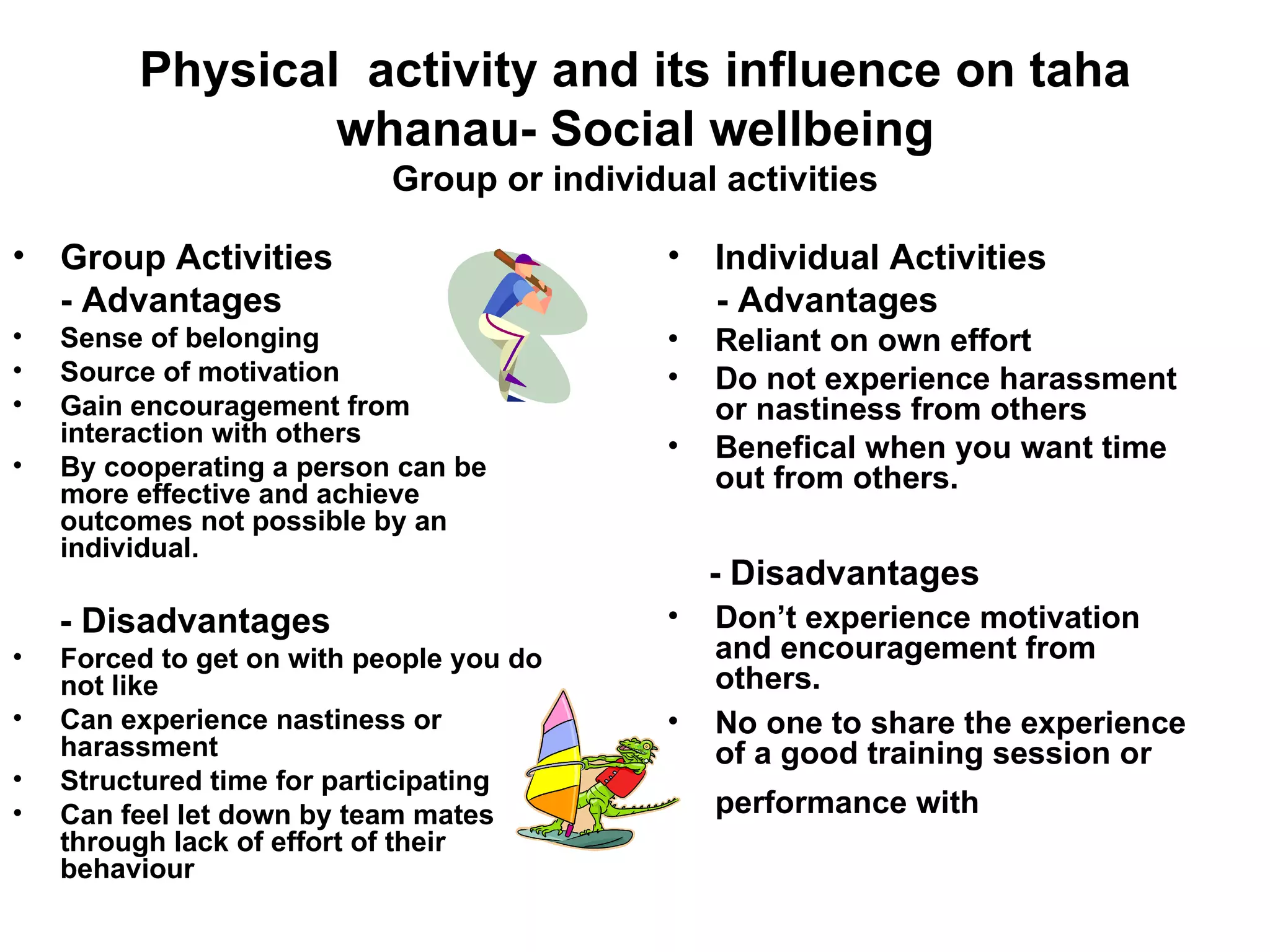 Physical  activity and its influence on taha whanau- Social wellbeing Group or individual activities Group Activities - Advantages Sense of belonging Source of motivation Gain encouragement from interaction with others By cooperating a person can be more effective and achieve outcomes not possible by an individual. - Disadvantages Forced to get on with people you do not like Can experience nastiness or harassment Structured time for participating Can feel let down by team mates through lack of effort of their behaviour Individual Activities - Advantages Reliant on own effort Do not experience harassment or nastiness from others Benefical when you want time out from others. - Disadvantages Don’t experience motivation and encouragement from others. No one to share the experience of a good training session or performance with   