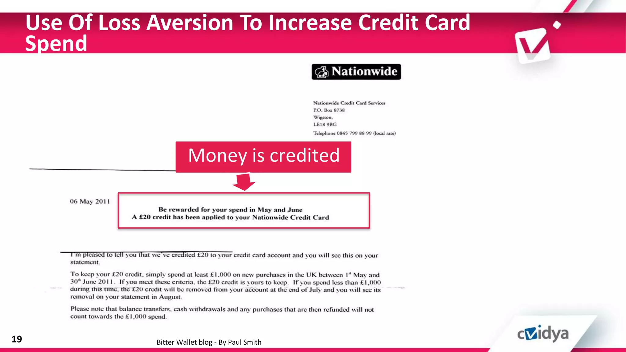 Use Of Loss Aversion To Increase Credit Card
     Spend



                           Money is credited




19               Bitter Wallet blog - By Paul Smith
 