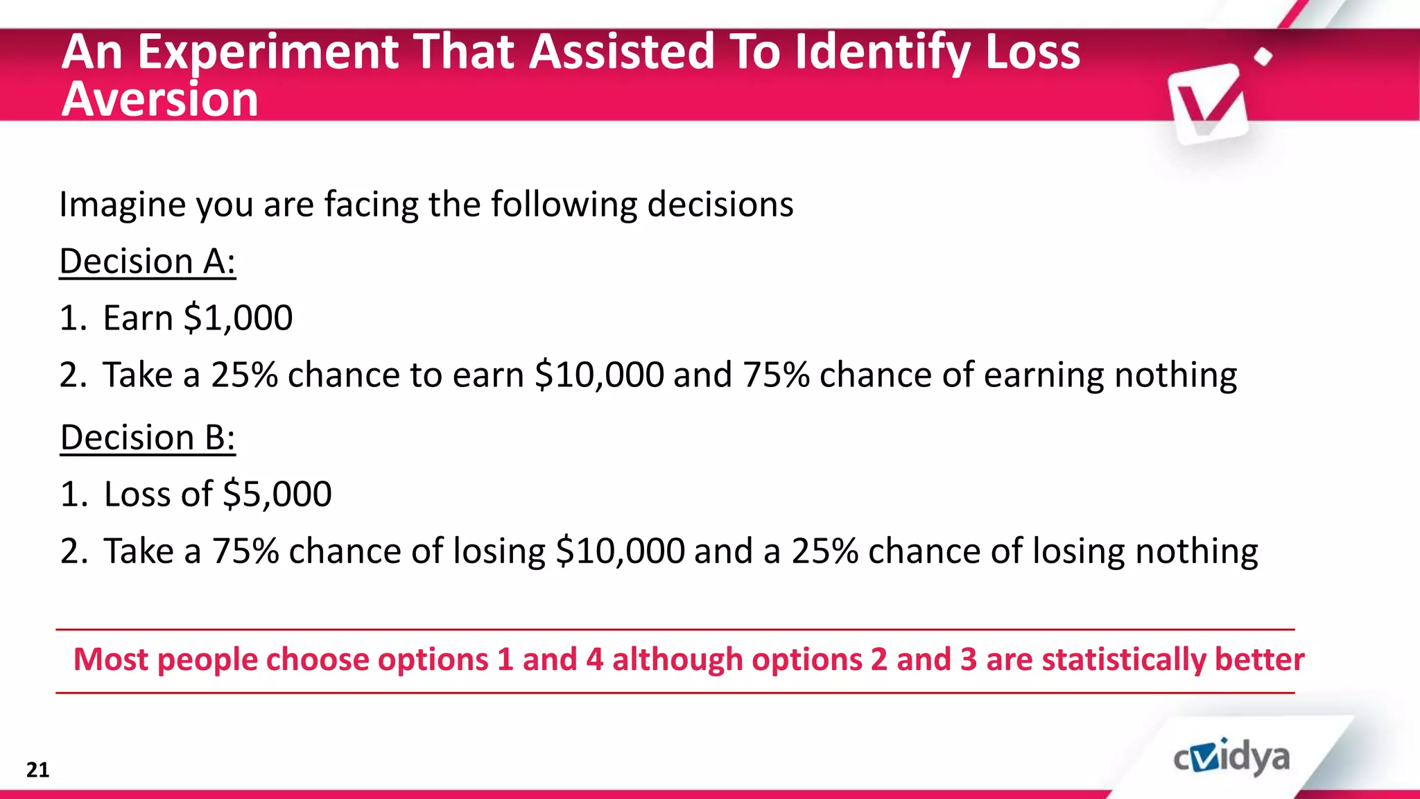 An Experiment That Assisted To Identify Loss
     Aversion
     Imagine you are facing the following decisions
     Decision A:
     1. Earn $1,000
     2. Take a 25% chance to earn $10,000 and 75% chance of earning nothing
     Decision B:
     1. Loss of $5,000
     2. Take a 75% chance of losing $10,000 and a 25% chance of losing nothing

     Most people choose options 1 and 4 although options 2 and 3 are statistically better


21
 