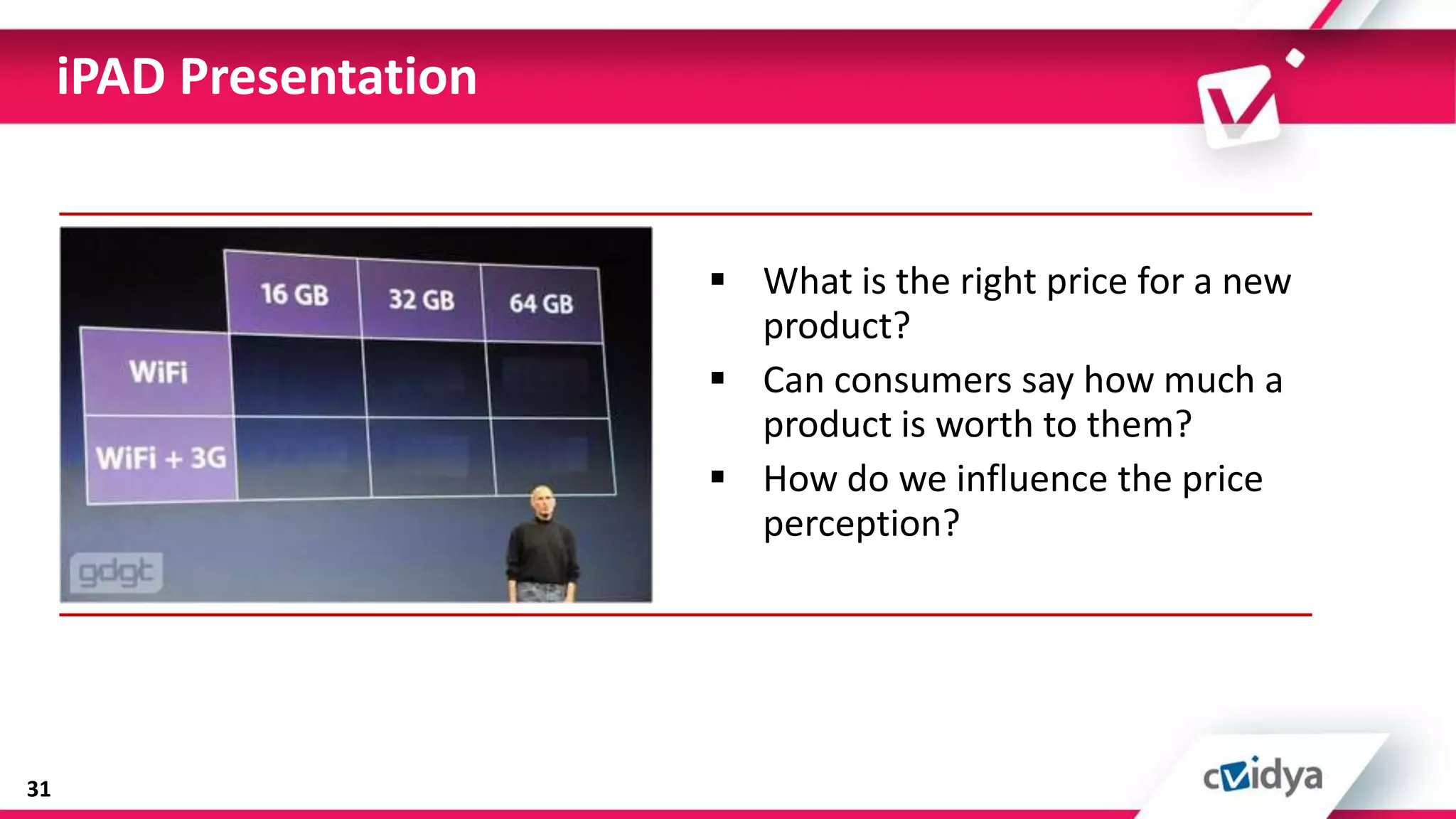 iPAD Presentation


                          What is the right price for a new
                           product?
                          Can consumers say how much a
                           product is worth to them?
                          How do we influence the price
                           perception?




31
 