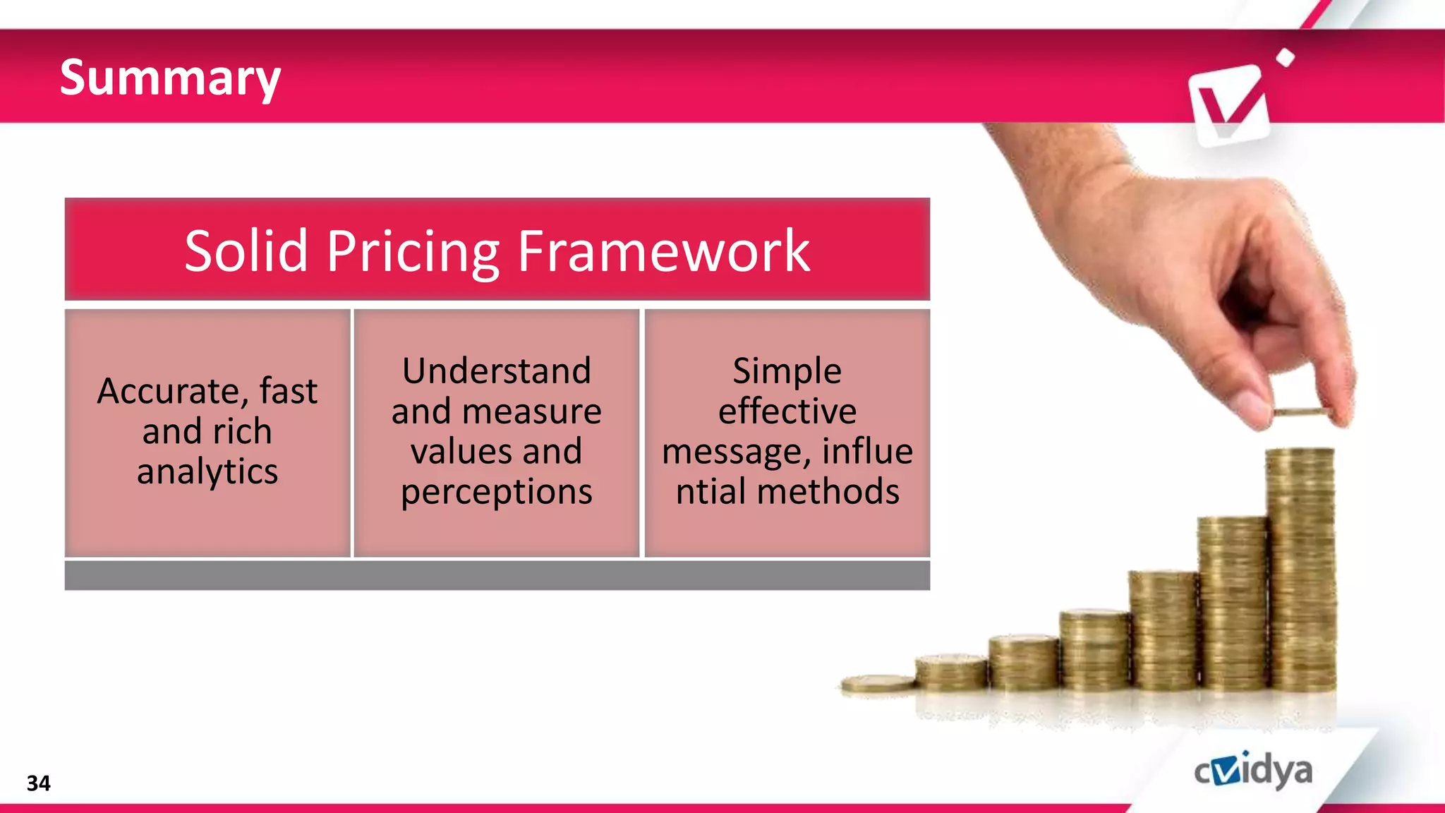Summary


           Solid Pricing Framework

      Accurate, fast    Understand       Simple
        and rich       and measure      effective
        analytics       values and   message, influe
                       perceptions   ntial methods




34
 