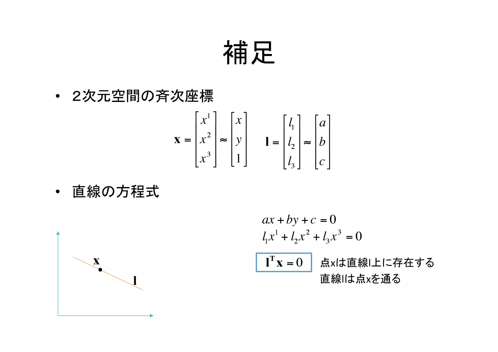 補足	
•  ２次元空間の斉次座標	




•  直線の方程式	



                         点xは直線l上に存在する	
  
                         直線lは点xを通る	
 