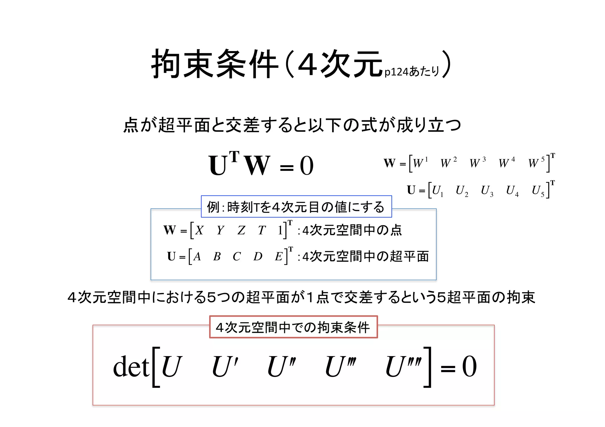 拘束条件（４次元                    p124あたり   ）	
    点が超平面と交差すると以下の式が成り立つ	
                  T                                                T

            U W =0                 W = [W 1 W 2 W 3 W 4     W 5]
                                                                   T
                                      U = [U1 U 2 U 3 U 4   U5 ]
            例：時刻Tを４次元目の値にする	
                         T    €
       W = [X Y   Z T 1] ：4次元空間中の点	
                           T     €
       U = [A B C     D E ] ：4次元空間中の超平面	

  €€
４次元空間中における５つの超平面が１点で交差するという５超平面の拘束	
   €
             ４次元空間中での拘束条件	


   det [U Uʹ′ Uʹ′ Uʹ′ʹ′ Uʹ′ʹ′ ] = 0
 