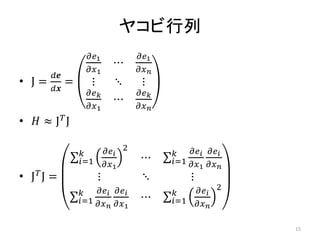 ヤコビ行列
• J =
𝑑𝒆
𝑑𝒙
=
𝜕𝑒1
𝜕𝑥1
⋯
𝜕𝑒1
𝜕𝑥𝑛
⋮ ⋱ ⋮
𝜕𝑒𝑘
𝜕𝑥1
⋯
𝜕𝑒𝑘
𝜕𝑥𝑛
• 𝐻 ≈ J𝑇J
• J𝑇
J =
𝜕𝑒𝑖
𝜕𝑥1
2
𝑘
𝑖=1 ⋯
𝜕𝑒𝑖
𝜕𝑥1
𝜕𝑒𝑖
𝜕𝑥𝑛
𝑘
𝑖=1
⋮ ⋱ ⋮
𝜕𝑒𝑖
𝜕𝑥𝑛
𝜕𝑒𝑖
𝜕𝑥1
𝑘
𝑖=1 ⋯
𝜕𝑒𝑖
𝜕𝑥𝑛
2
𝑘
𝑖=1
15
 