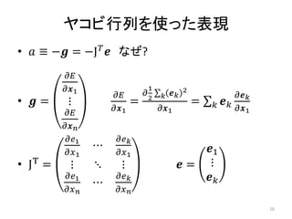 ヤコビ行列を使った表現
• 𝑎 ≡ −𝒈 = −J𝑇
𝒆 なぜ?
• 𝒈 =
𝜕𝐸
𝜕𝒙1
⋮
𝜕𝐸
𝜕𝒙𝑛
𝜕𝐸
𝜕𝒙1
=
𝜕
1
2
𝒆𝑘
2
𝑘
𝜕𝒙1
= 𝒆𝑘
𝜕𝒆𝑘
𝜕𝒙1
𝑘
• JT
=
𝜕𝑒1
𝜕𝑥1
⋯
𝜕𝑒𝑘
𝜕𝑥1
⋮ ⋱ ⋮
𝜕𝑒1
𝜕𝑥𝑛
⋯
𝜕𝑒𝑘
𝜕𝑥𝑛
𝒆 =
𝒆1
⋮
𝒆𝑘
16
 