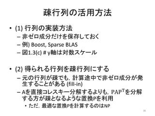 疎行列の活用方法
• (1) 行列の実装方法
– 非ゼロ成分だけを保存しておく
– 例) Boost, Sparse BLAS
– 図1.3(c) # y軸は対数スケール
• (2) 得られる行列を疎行列にする
– 元の行列が疎でも，計算途中で非ゼロ成分が発
生することがある (fill-in)
– Aを直接コレスキー分解するよりも，PAPT
を分解
する方が疎となるような置換Pを利用
• ただ，最適な置換Pを計算するのはNP
38
 