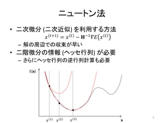 ニュートン法
• 二次微分 (二次近似) を利用する方法
𝑥(𝑡+1)
= 𝑥 𝑡
− 𝐇−1
𝛻𝐸 𝑥 𝑡
– 解の周辺での収束が早い
• 二階微分の情報 (ヘッセ行列) が必要
– さらにヘッセ行列の逆行列計算も必要
E(x)
x
𝑥(1) 𝑥(2) 𝑥(3)
9
 