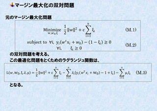 マージン最大化の双対問題

元のマージン最大化問題
                                                                       n
                                            1                 2
                               Minimize       w                   +c         ξi                      (M.1)
                                 w , 0 ,ξ 2
                                                                       i=1

      subject to ∀i, yi   x + 0 − 1 − ξi ≥ 0
                                                                                                     (M.2)
                     ∀i,         ξi ≥ 0
  の双対問題を考える。
  この最適化問題をとくためのラグランジュ関数は、
                                         n            n                                        n
                         1
L , 0 , ξ, , μ =     w    2
                                    +c         ξi −         i yi w   + w0 − 1 + ξi −         μi ξ i   (M.3)
                         2
                                         i=1          i=1                                      i=1

  となる。
 