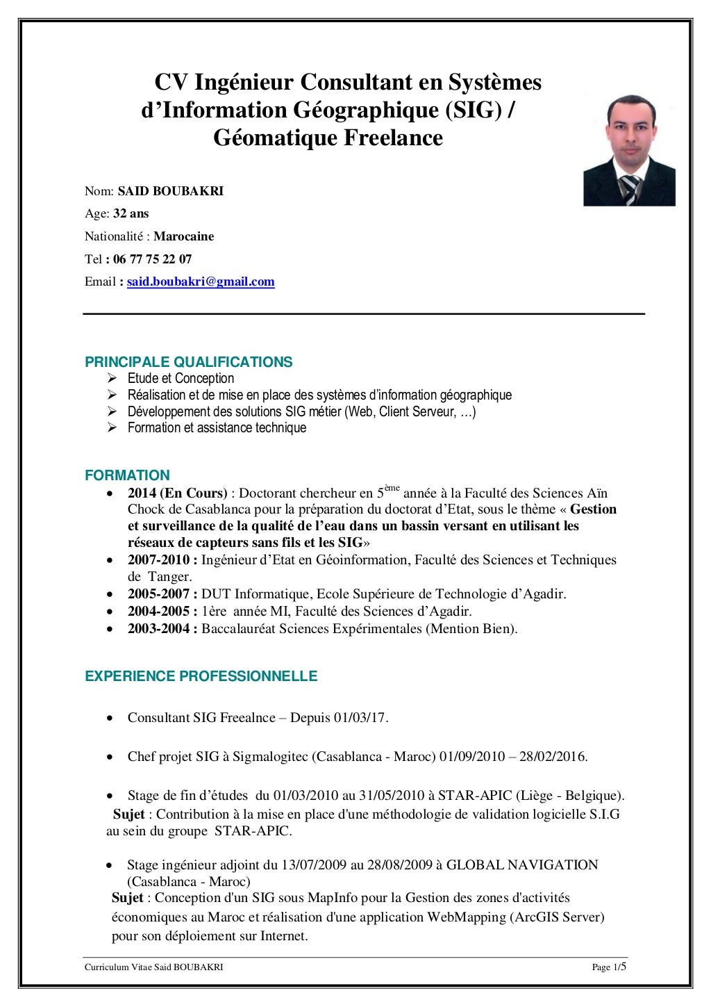 Cv Ingénieur SIG Freealnce maroc