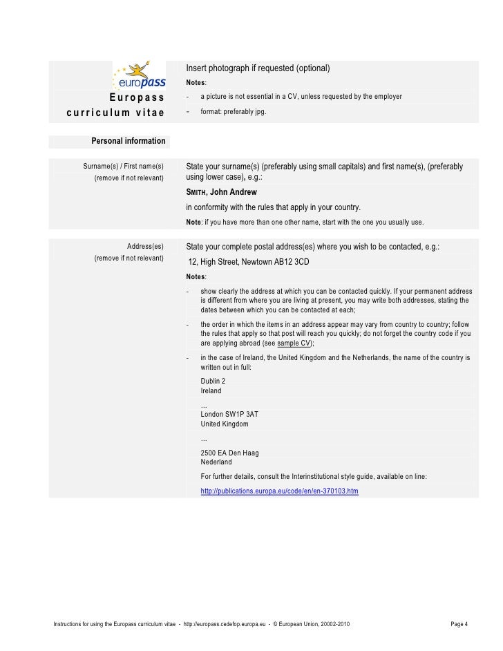 cv instructions europass cv template doc
