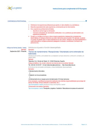Instrucciones para cumplimentar el CV Europass 
Instrucciones para rellenar el CV Europass - http://europass.cedefop.europa.eu -© Unión Europea, 2002-2013 Página 3 / 6 
EXPERIENCIA PROFESIONAL 
• Céntrese en la experiencia profesional que aporte un valor añadido a su candidatura. 
• Describa separadamente cada experiencia, comenzando por la más reciente. 
• Si su experiencia profesional es limitada: 
o describa en primer lugar su formación; 
o mencione actividades de voluntariado (retribuidas o no) o prácticas que demuestren una experiencia profesional. 
• Si opta a un empleo en el que no tiene ninguna experiencia, destaque las competencias desarrolladas en trabajos anteriores que sean relevantes para el puesto. Por ejemplo, si solicita un puesto de gestión pero no tiene experiencia en ese campo, destaque las responsabilidades a usted atribuidas en empleos anteriores (delegación de tareas, coordinación, formación del personal, etc.) 
Indique las fechas (desde - hasta) 
Ejemplo: 
Septiembre 2007 - Presente 
Introduzca el puesto o función desempeñada 
Ejemplos: 
Técnico de mantenimiento / Recepcionista / Voluntariado como entrenador de baloncesto 
Introduzca el nombre y la localidad de su empleador (si fuera relevante, la dirección completa y la página web) 
Ejemplo: 
Teleonda, S.A., Ronda de Toledo 12, 12345 Peñarrota, España 
Indique el teléfono, fax, email o dirección de internet solo si se solicita. Ejemplo: 
Tel.: (00 34) 123 45 67 - E-mail: teleonda @woodnet.es - http://www.teleonda.es 
▪ Introduzca las principales actividades y responsabilidades desempeñadas 
Ejemplos: 
▪ Mantenimiento informático 
o 
▪ Relación con los proveedores 
o 
▪ Entrenamiento de un equipo junior de baloncesto (10 horas /semana) 
Si es necesario, cuantifique la proporción dedicada a las distintas responsabilidades (porcentaje del tiempo de trabajo, tiempo dedicado a cada tarea, etc.). 
Tipo de empresa o sector Introduzca el tipo de empresa o sector 
Únicamente si se solicita. Ejemplos: 
Tipo de empresa o sector Transporte y logística / Auditoría / Manufactura de piezas de automóvil  