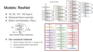 Models: ResNet
❖ 34, 50, 101, 152 layers
❖ Residual block example
❖ Batch normalization, ReLu
❖ Our residual network
➢ thinner layers (25 conv + 4 pool + fc)
➢ downsampling after each block
➢ no bottleneck
 