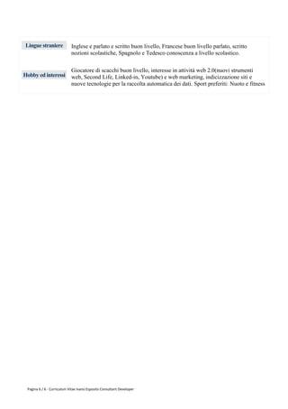 Lingue straniere            Inglese e parlato e scritto buon livello, Francese buon livello parlato, scritto
                            nozioni scolastiche, Spagnolo e Tedesco conoscenza a livello scolastico.

                            Giocatore di scacchi buon livello, interesse in attività web 2.0(nuovi strumenti
Hobby ed interessi          web, Second Life, Linked-in, Youtube) e web marketing, indicizzazione siti e
                            nuove tecnologie per la raccolta automatica dei dati. Sport preferiti: Nuoto e fitness




 Pagina 6 / 6 - Curriculum Vitae Ivano Esposito Consultant Developer
 
