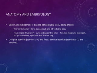 ANATOMY AND EMBRYOLOGY
• Bony CVJ development is divided conceptually into 2 components:
• The ‘central pillar’- Dens, basiocciput, and C2 vertebral body
• ‘Two ringed structures’ – surrounding central pillar – foramen magnum, exocciput,
occipital condyles, opisthion and atlantal ring.
• Occipital somites (somites 1-4) and first 3 cervical somites (somites 5-7) are
involved.
2
 
