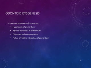 ODONTOID DYSGENESIS
• 4 main developmental errors are:
• Hyperplasia of primordium
• Aplasia/hypoplasia of primordium
• Disturbance of resegmentation
• Failure of midline integration of primordium
38
 
