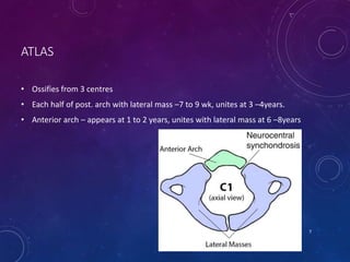 ATLAS
• Ossifies from 3 centres
• Each half of post. arch with lateral mass –7 to 9 wk, unites at 3 –4years.
• Anterior arch – appears at 1 to 2 years, unites with lateral mass at 6 –8years
7
 