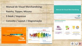 ’ Manual de Visual Merchandising:
’ Rainha, Topper, Mizuno
’ E-book / Impresso
’ Conceito / Layout / Diagramação
 