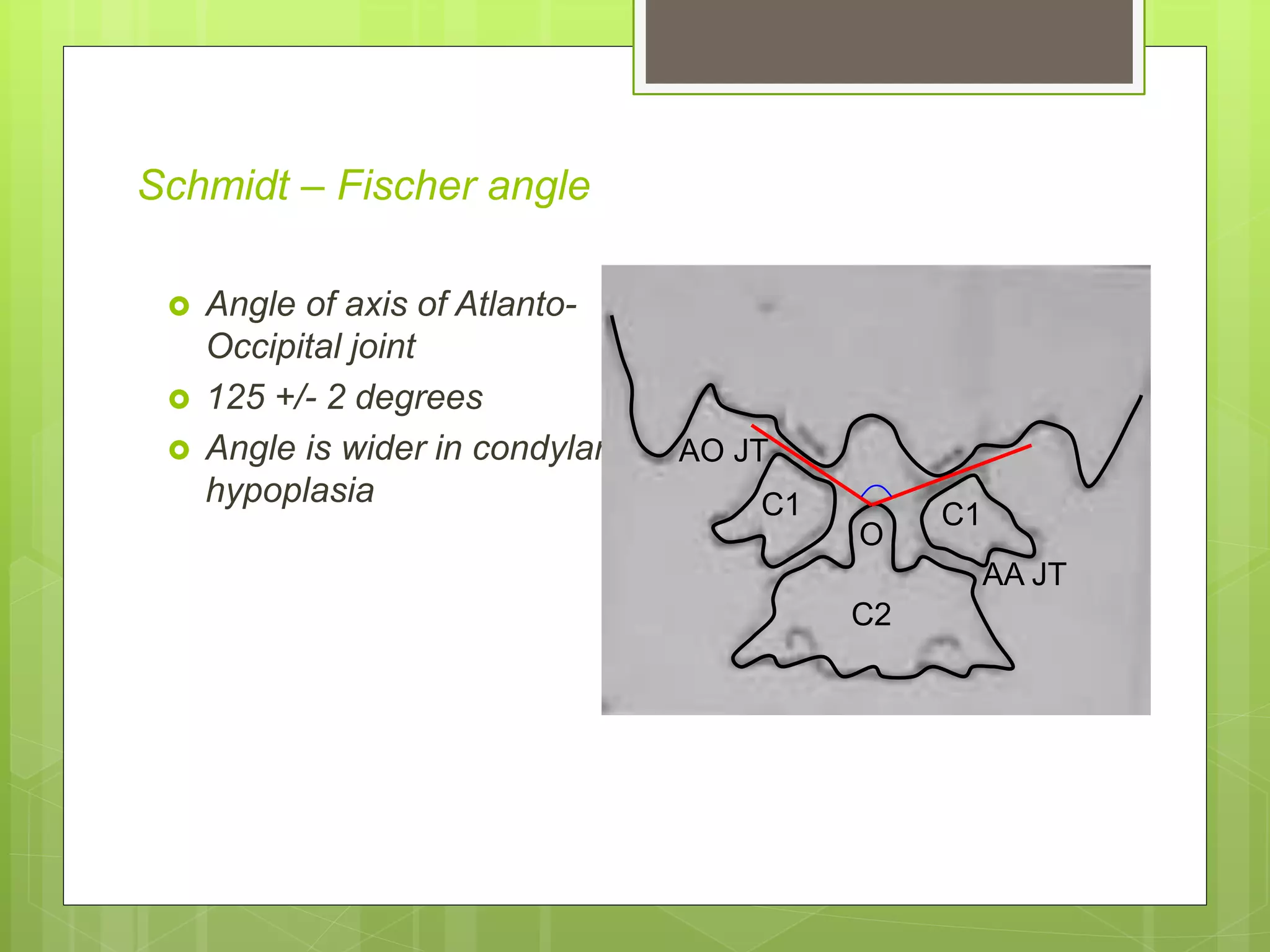 Schmidt – Fischer angle
 Angle of axis of Atlanto-
Occipital joint
 125 +/- 2 degrees
 Angle is wider in condylar
hypoplasia
O
C2
AA JT
AO JT
C1 C1
 