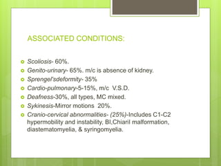 ASSOCIATED CONDITIONS:
 Scoliosis- 60%.
 Genito-urinary- 65%. m/c is absence of kidney.
 Sprengel'sdeformity- 35%
 Cardio-pulmonary-5-15%, m/c V.S.D.
 Deafness-30%, all types, MC mixed.
 Sykinesis-Mirror motions 20%.
 Cranio-cervical abnormalities- (25%)-Includes C1-C2
hypermobility and instability, BI,ChiariI malformation,
diastematomyelia, & syringomyelia.
 