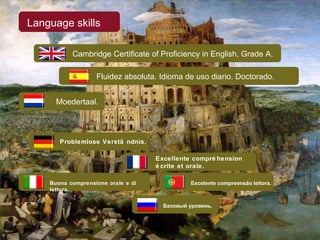 Language skills Cambridge Certificate of Proficiency in English, Grade A. Fluidez absoluta. Idioma de uso diario. Doctorado. Moedertaal. Problemlose Verständnis. Excellente compréhension écrite et orale. Buona comprensione orale e di lettura. Excelente compreensão leitora. Базовый уровень. 