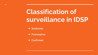 Classification of
surveillance in IDSP
➔ Syndromic
➔ Presumptive
➔ Confirmed
 