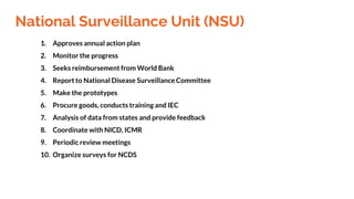 National Surveillance Unit (NSU)
1. Approves annual action plan
2. Monitor the progress
3. Seeks reimbursement from World Bank
4. Report to National Disease Surveillance Committee
5. Make the prototypes
6. Procure goods, conducts training and IEC
7. Analysis of data from states and provide feedback
8. Coordinate with NICD, ICMR
9. Periodic review meetings
10. Organize surveys for NCDS
 