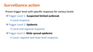 Surveillance action
Preset trigger level with specific response for various levels
❖Trigger Level 1- Suspected limited outbreak
➢Local response
❖Trigger Level 2- Epidemic
➢Local and regional response
❖Trigger level 3- Wide spread epidemic
➢Local, regional and state level response
 