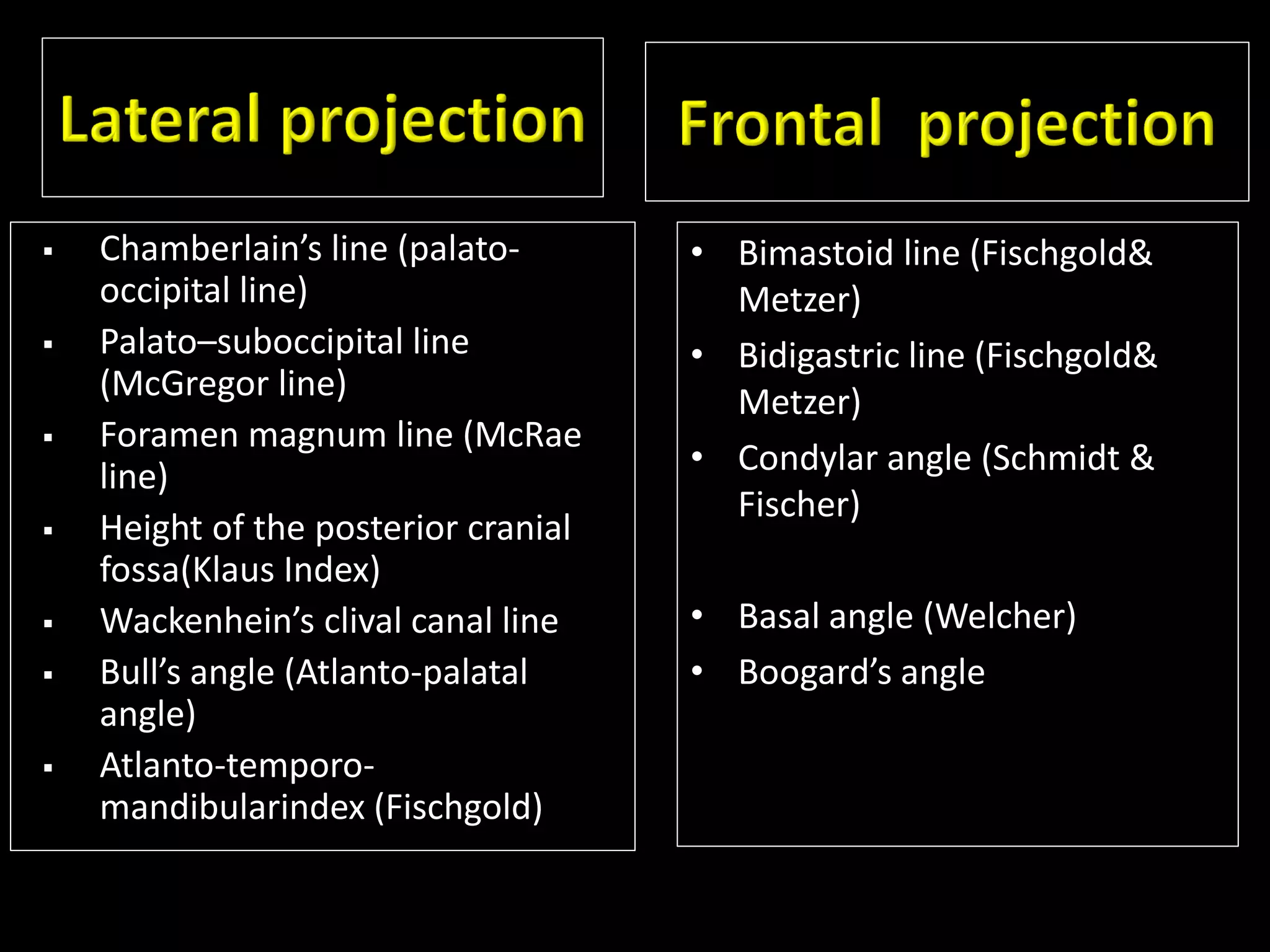  Chamberlain’s line (palato-
occipital line)
 Palato–suboccipital line
(McGregor line)
 Foramen magnum line (McRae
line)
 Height of the posterior cranial
fossa(Klaus Index)
 Wackenhein’s clival canal line
 Bull’s angle (Atlanto-palatal
angle)
 Atlanto-temporo-
mandibularindex (Fischgold)
• Bimastoid line (Fischgold&
Metzer)
• Bidigastric line (Fischgold&
Metzer)
• Condylar angle (Schmidt &
Fischer)
• Basal angle (Welcher)
• Boogard’s angle
 