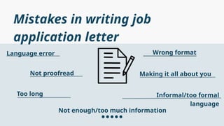 Mistakes in writing job
application letter
Language error Wrong format
Informal/too formal
language
Not enough/too much information
Not proofread Making it all about you
Too long
 