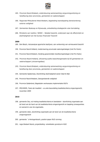 185. Provincie Noord-Brabant, ondersteuning samenwerking vergunningverlening en
       handhaving door provincies, gemeenten en waterschappen


186. Regionale Milieudienst West-Brabant, begeleiding koersbepaling dienstverlening
       externe veiligheid


187. Gemeenten Boskoop en Rijnwoude, ontwikkeling strategische visie herindeling


188. Ministerie van Justitie / WODC C Notabel toezicht, onderzoek naar de effectiviteit en
       doelmatigheid van het bureau Financieel Toezicht


2009
189. Den Bosch, risicoanalyse agrarische bedrijven, een verkenning van vernieuwend toezicht


190. Provincie Noord-Holland, modernisering provinciale nalevingstrategie (met Pro Facto)


191. Provincie Noord-Brabant, herijking gezamenlijke handhavingstrategie (met Pro Facto)


192. Provincie Noord-Holland, Uitvoering audits toezichtorganisatie bij 65 gemeenten en
       waterschappen (uitvoeringsfase).


193. Provincie Noord-Brabant, ondersteuning samenwerking vergunningverlening en
       handhaving door provincies, gemeenten en waterschappen


194. Gemeente Spijkenisse, Doorlichting doelmatigheid sector Stad & Wijk


195. Provincie Noord-Brabant, Georganiseerde veiligheid


196. Provincie Gelderland, Begeleiden werksessies implementatie RUDs


197. IPO/VROM, Toets der kwaliteit C ex ante beoordeling kwaliteitscriteria omgevingsrecht,
       november 2009


2010


198. gemeente Oss, nul-meting kwaliteitscriteria en basistaken - doorlichting organisatie aan
       de hand van de hand van de kwaliteitscriteria omgevingsrecht en bepaling consequenties
       en scenarios voor de organisatie.


199. gemeente Uden, doorlichting organisatie aan de hand van de kwaliteitscriteria
       omgevingsrecht


200. gemeente ?s-Hertogenbosch, postion-paper RUD vorming


201. regio Brabant Noord, projectleiding ontwikkelen grondvorm RUD
 