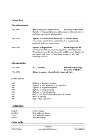 Cv Joseph Andersson English Version | DOC